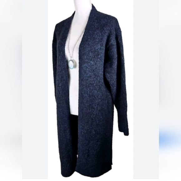 ZARA Woman XS-S Blue Knit Long Open Front Oversized Alpaca Coatigan Sweater New - Picture 1 of 11